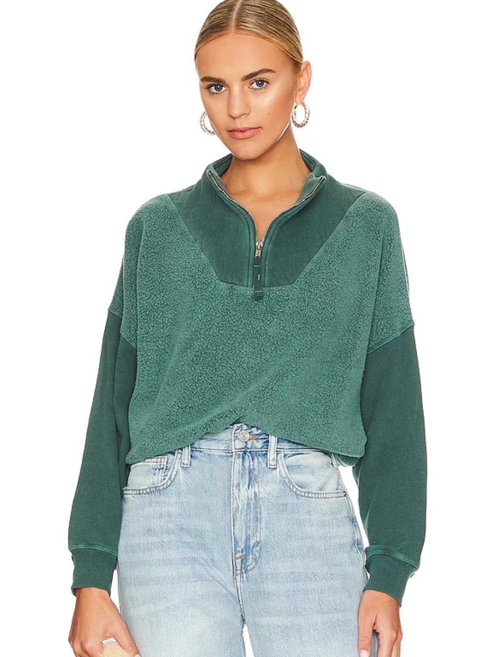 THE GREAT. Textured Half-Zip Cowl Sweater in Teal